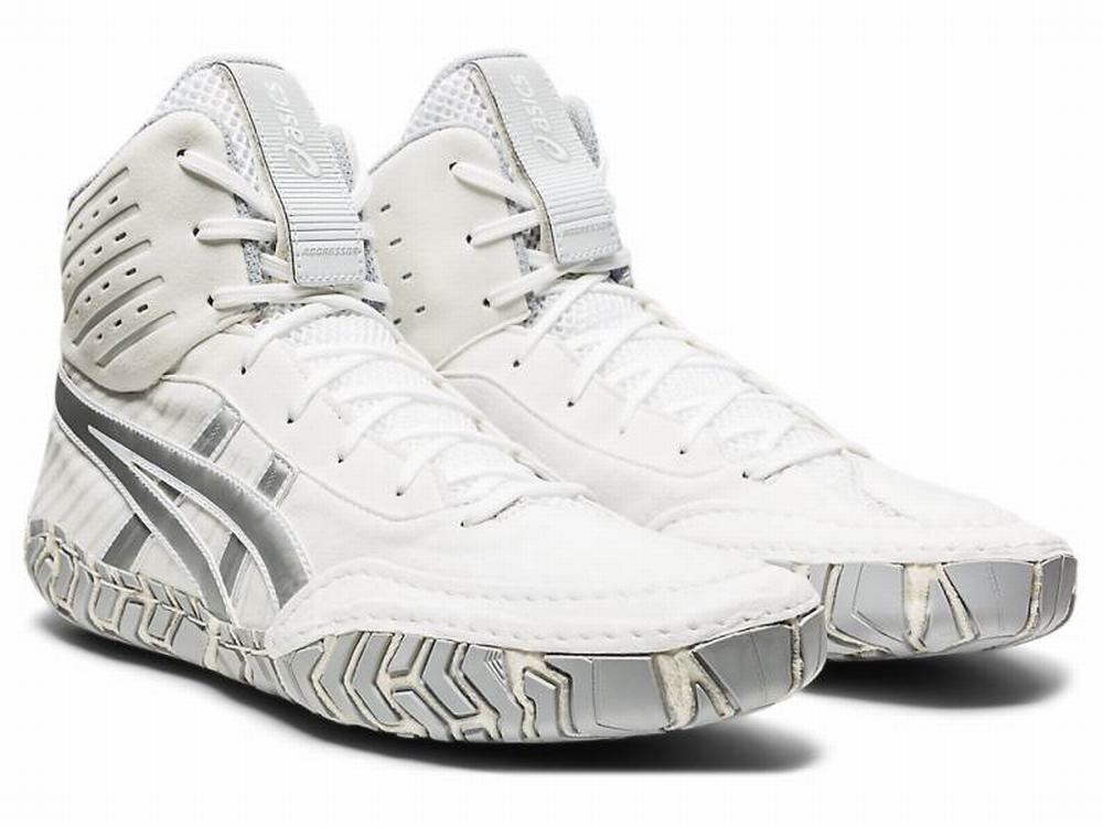 Asics Aggressor 4 Men's Wrestling Shoes White / Silver / Brown | NQG384615